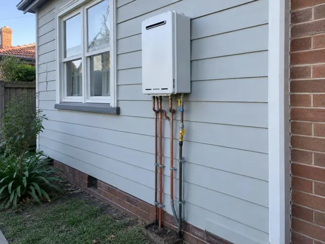 Wall-mounted hot water unit with copper and gas piping on a weatherboard house exterior in Thornleigh